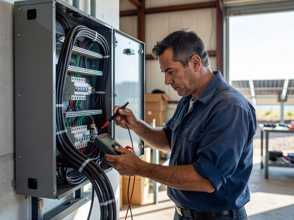 Electrical engineer inspecting solar string inverter electrical panel with measurement tools