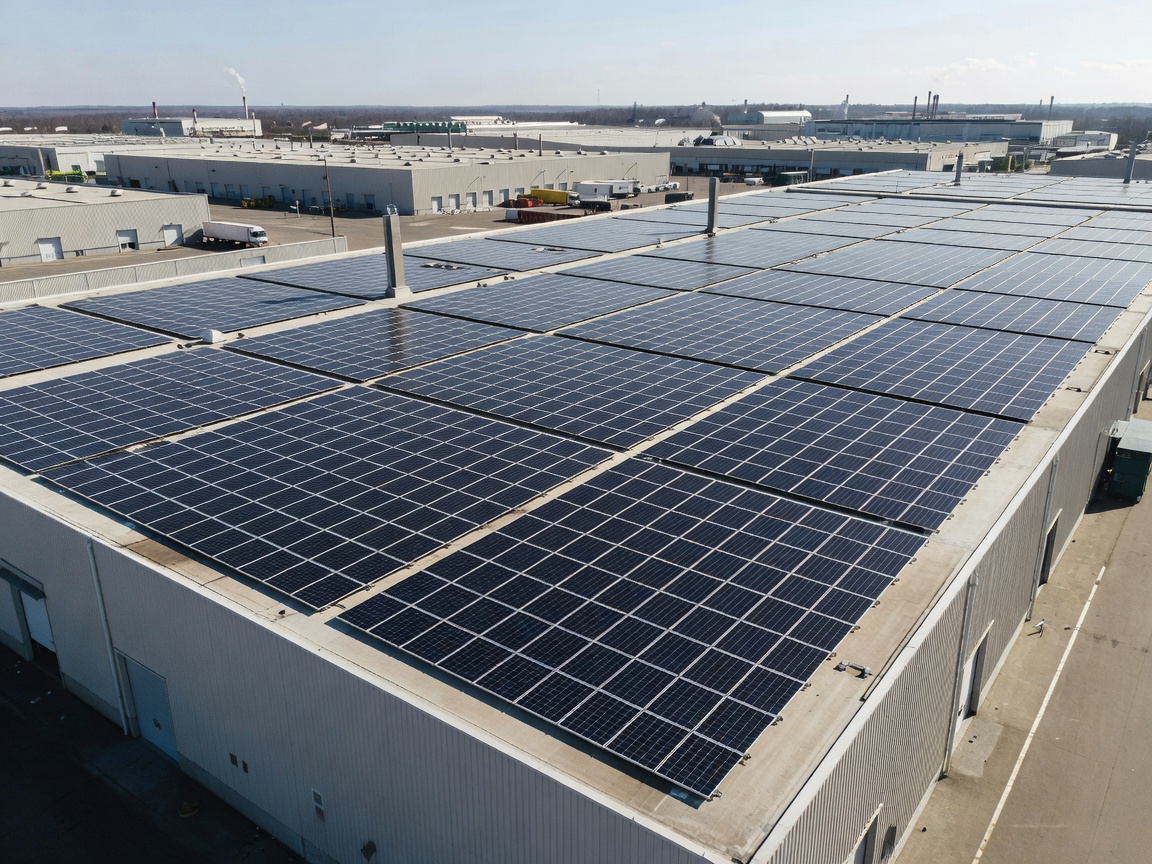 Large commercial solar park installed on industrial distribution warehouse roof