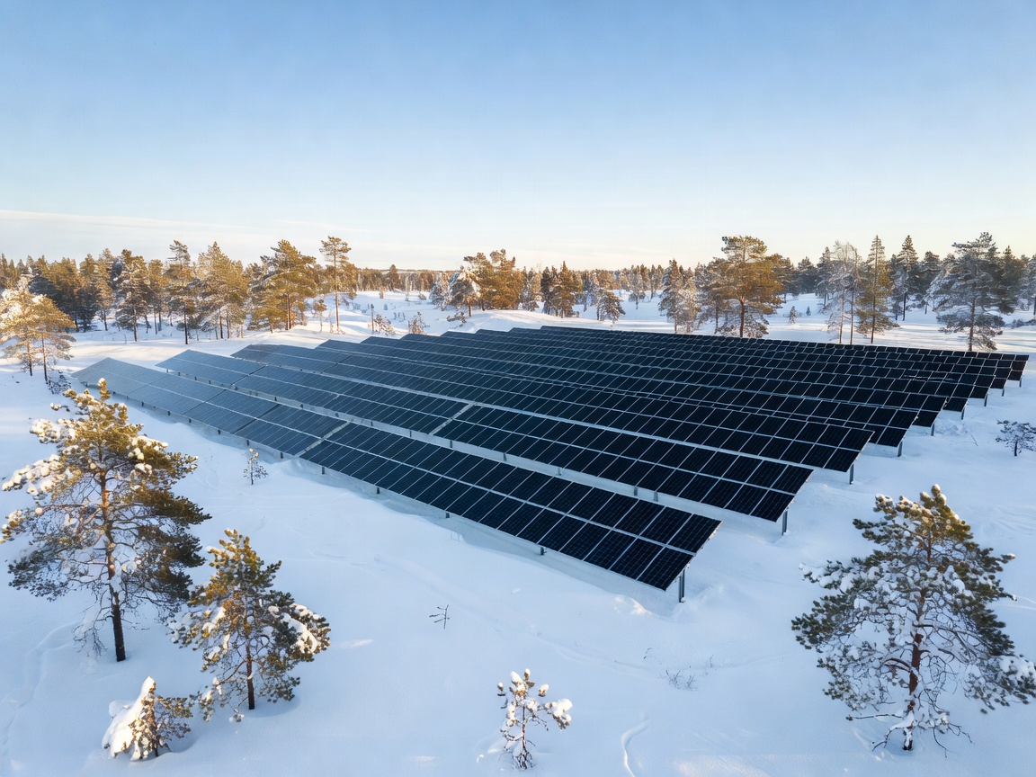 Nordic solar panel array installation in snowy Finland terrain
