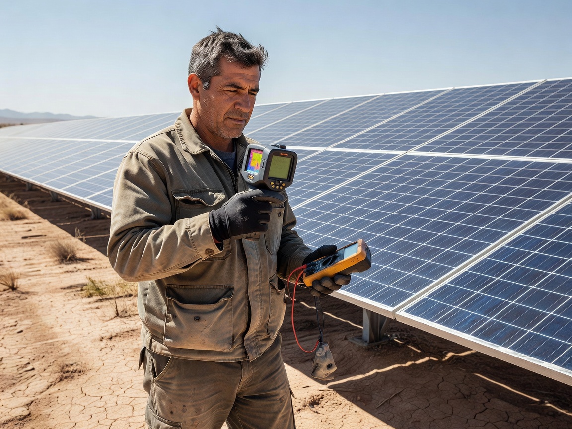Solar maintenance engineer with thermal camera and electrical tester